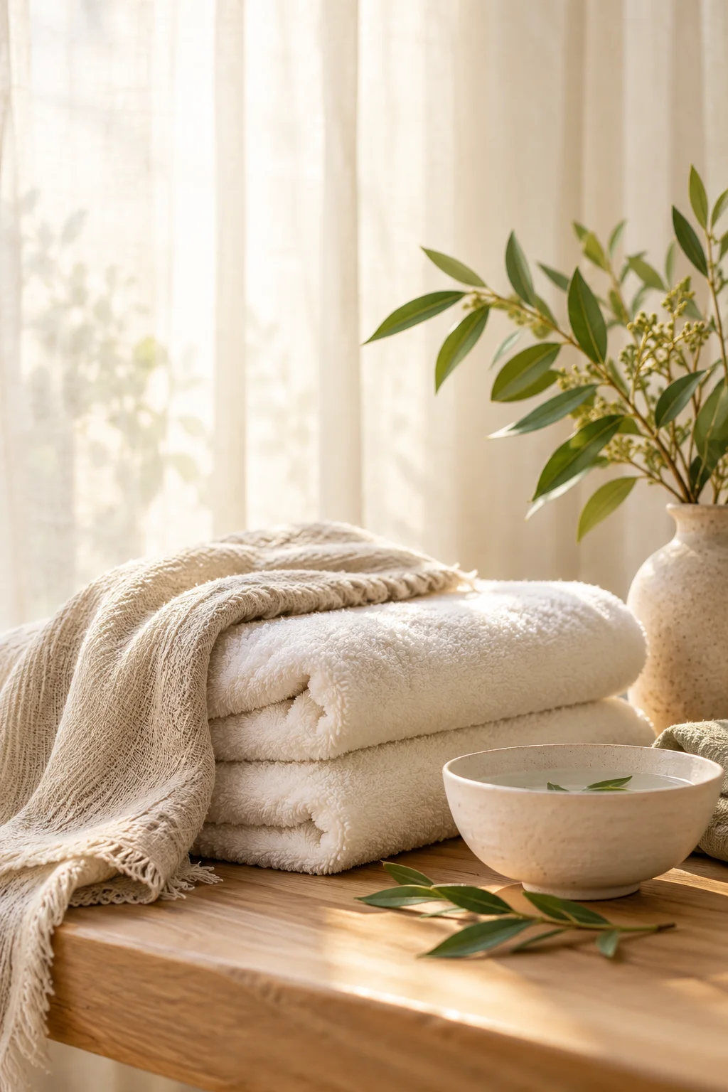 Illustrative spa still life with soft ivory towels, a ceramic bowl and fresh green leaves in warm daylight